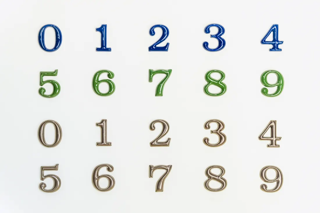 Dimensional number set showing multiple color and finish combinations