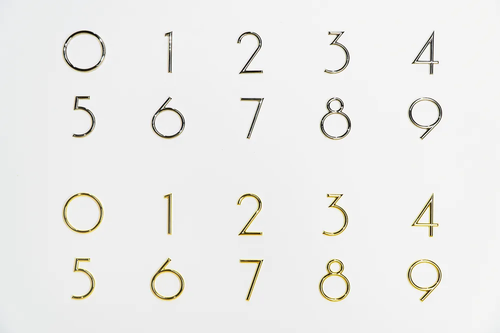 Thin wire outline metal numerals 0-9 in black and gold