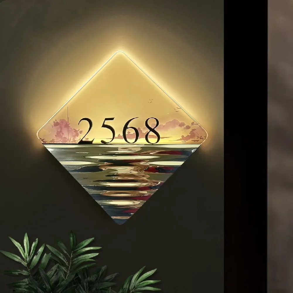 F003 diamond-shaped room sign 2568 with printed art and edge-lit halo