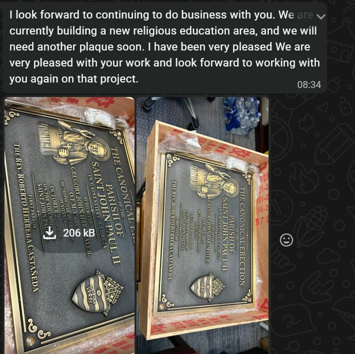 Customer message expressing satisfaction with the plaque and plans for another plaque for a new religious education area