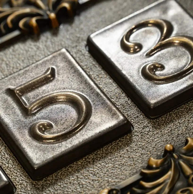 Raised dimensional numbers close-up in dark metal finish