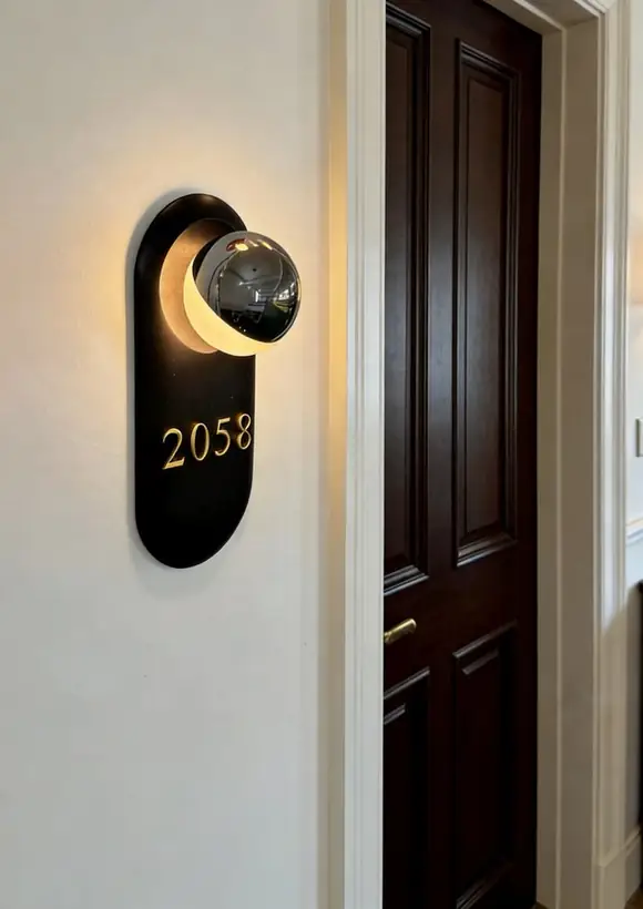 Black illuminated hotel room number sign mounted beside a door