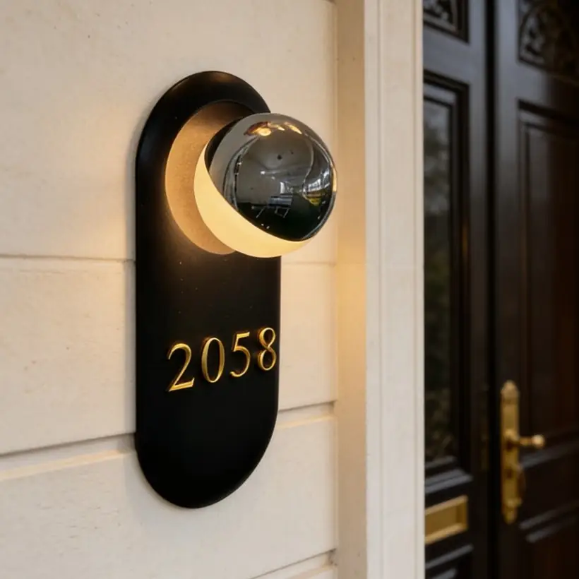 Wall mounted black and gold hotel room number sign