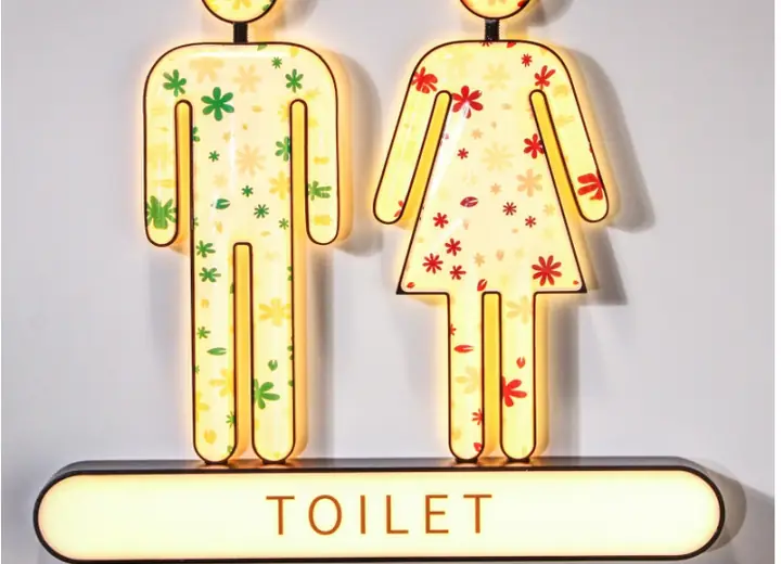 Restroom wayfinding sign with custom pictogram direction